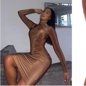 Fashion Nova Shimmering Bronze Long Sleeve Dress